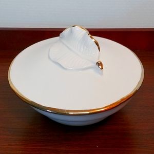 Stunning Gold Trim on White USA Pottery Bowl with Lid Leaf Motif